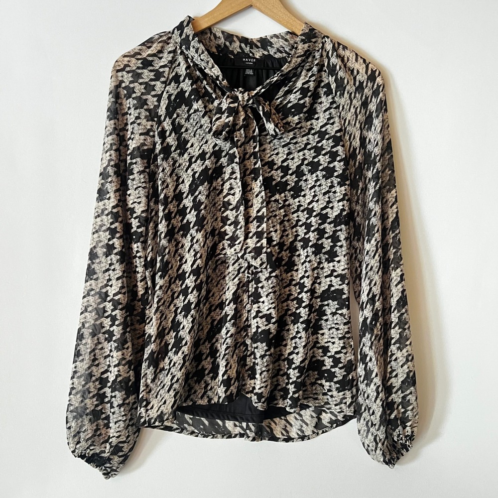 Haver London Black Gray Sheer Tie Neck‎ Button Down Blouse Top Whimsigoth Goth S